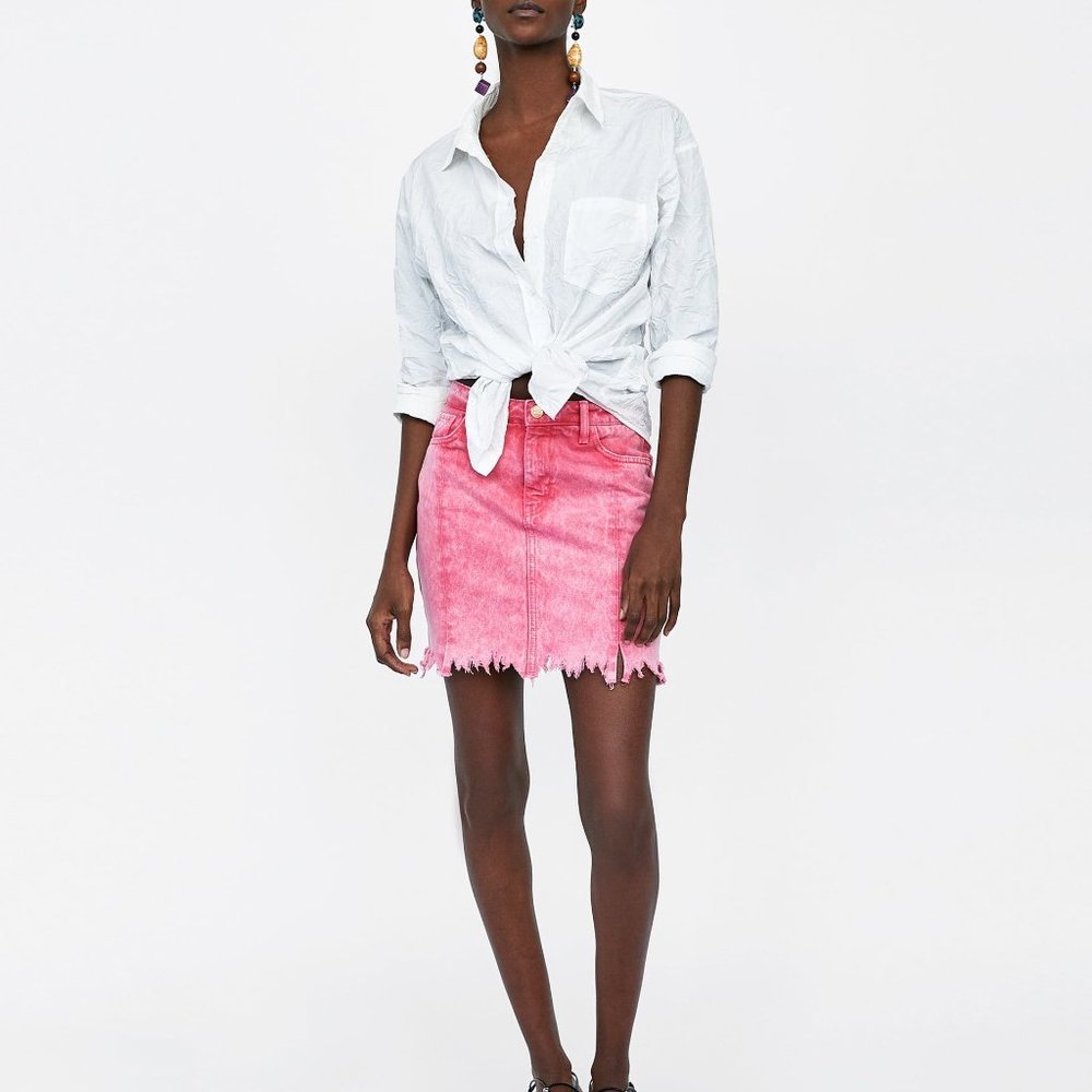 Zara bright Pink distressed Denim Skirt